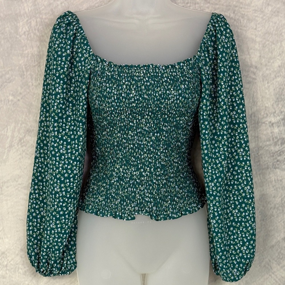 Smocked Square Neck Floral Long Sleeve Top‎ Sz S Milkmaid Cottagecore Coquette